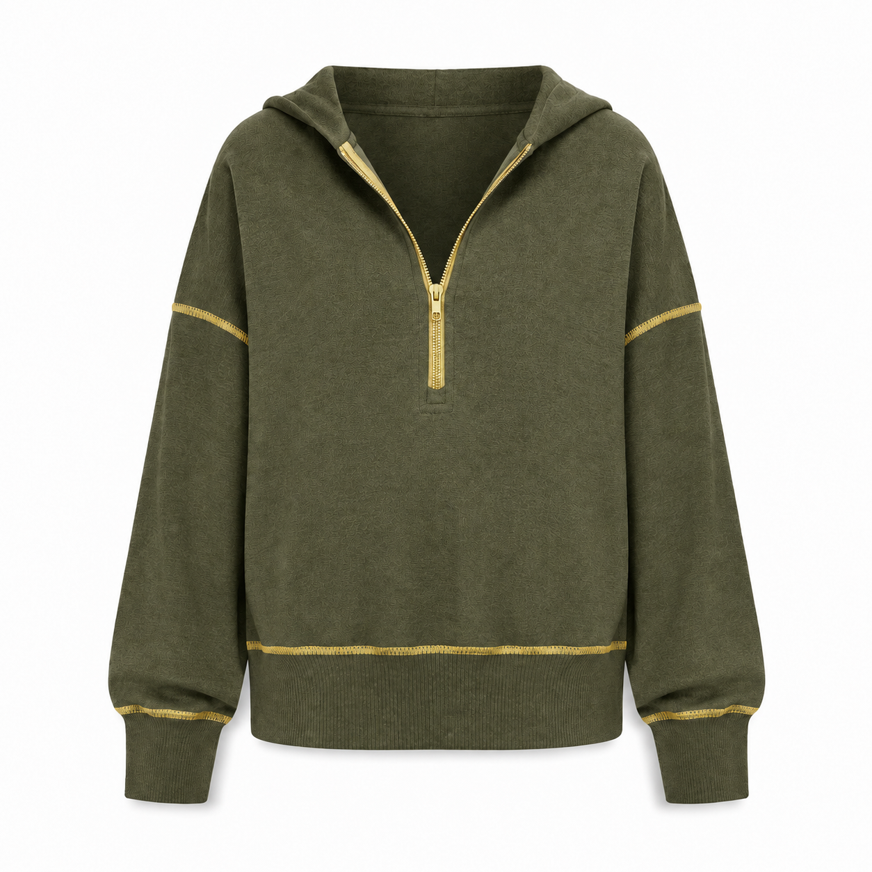 Moss olive relaxed half-zip hoodie front view