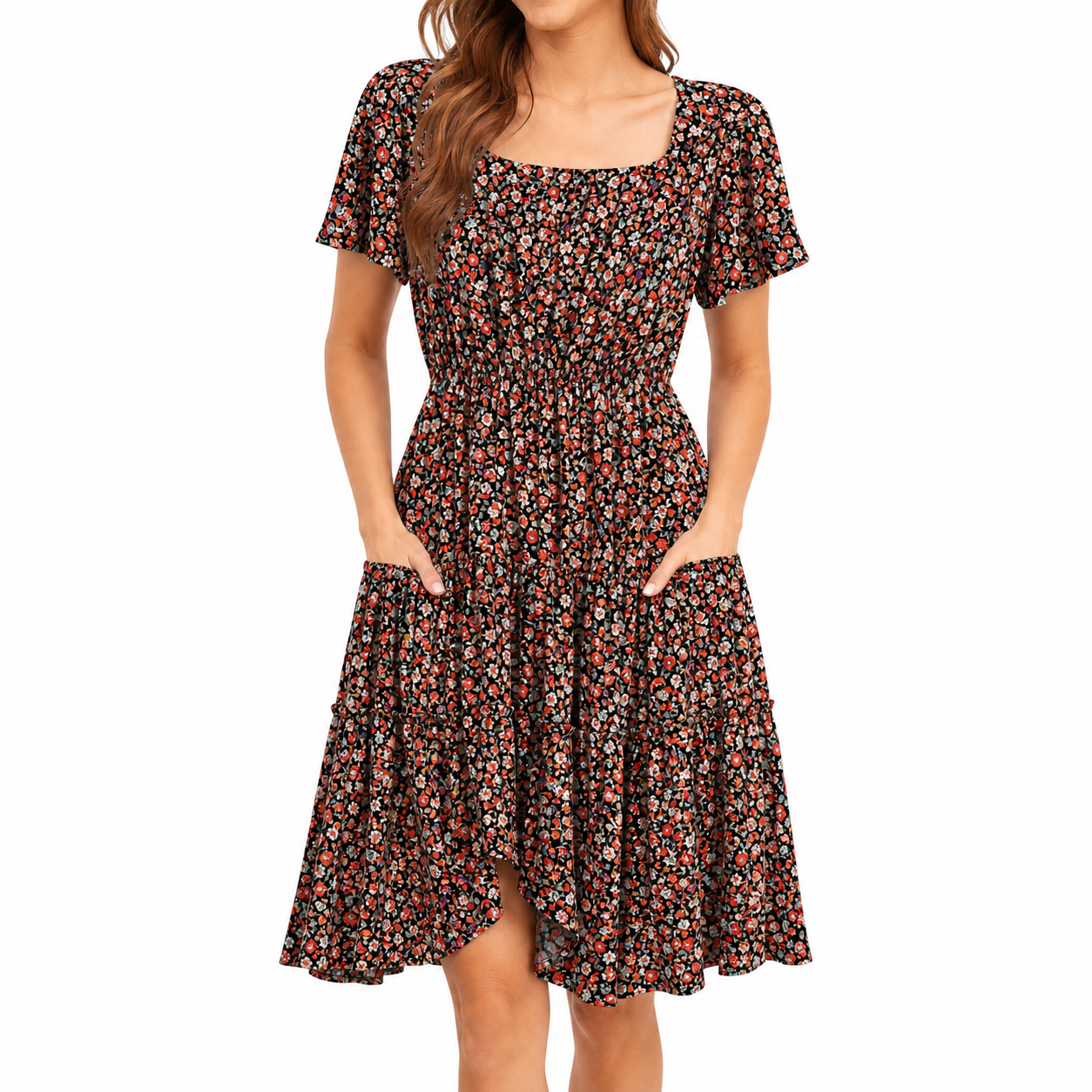 Red Bloom square neck A-line summer dress front view