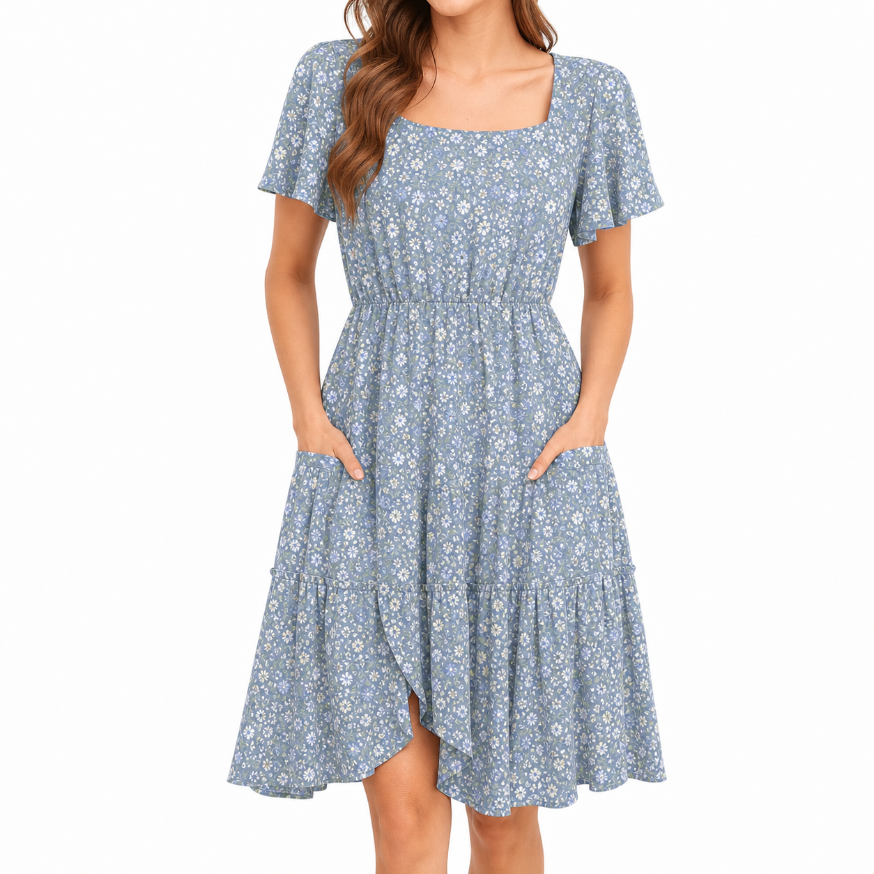 Blue Fog Bloom square neck A-line summer dress front view