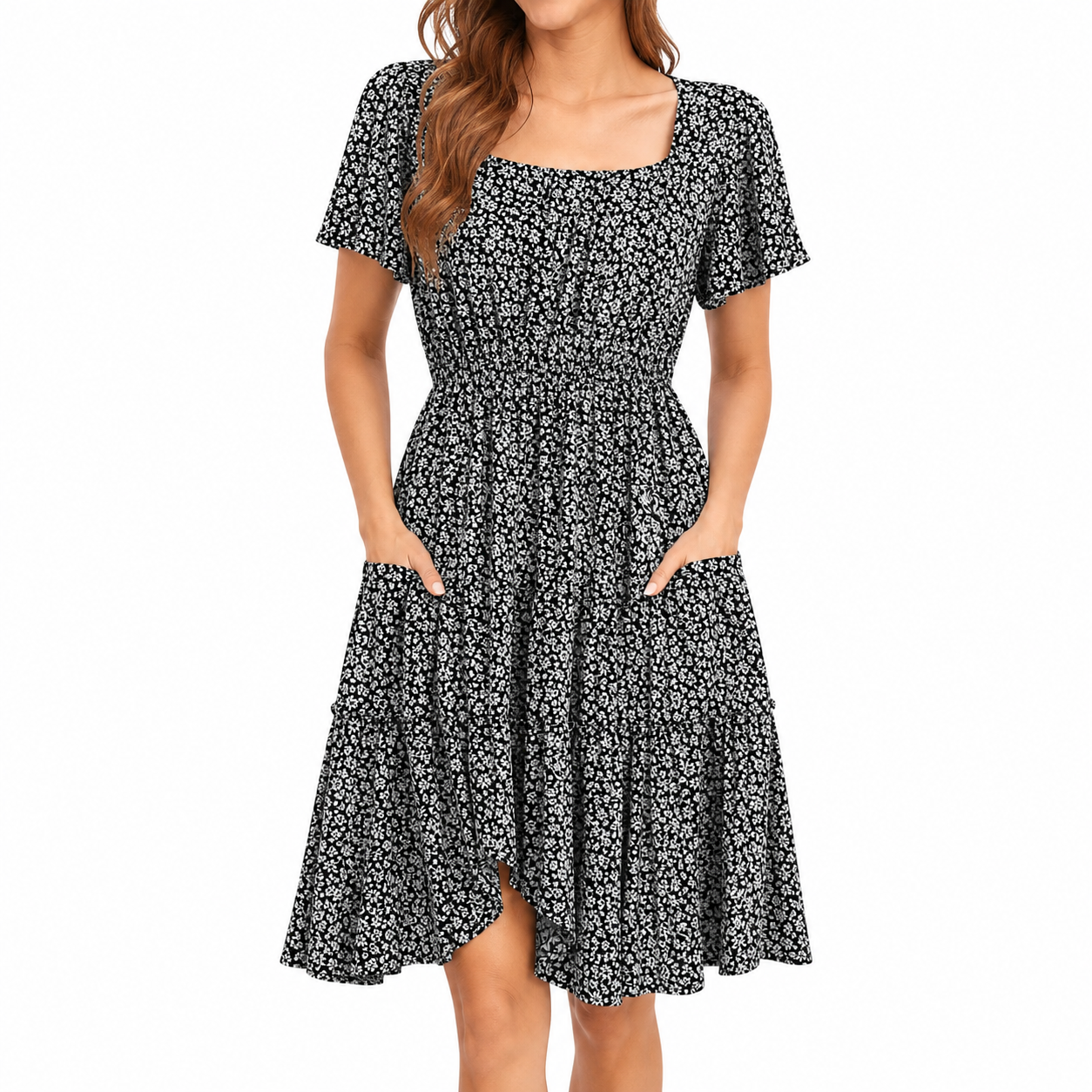 Black White Bloom square neck A-line summer dress front view