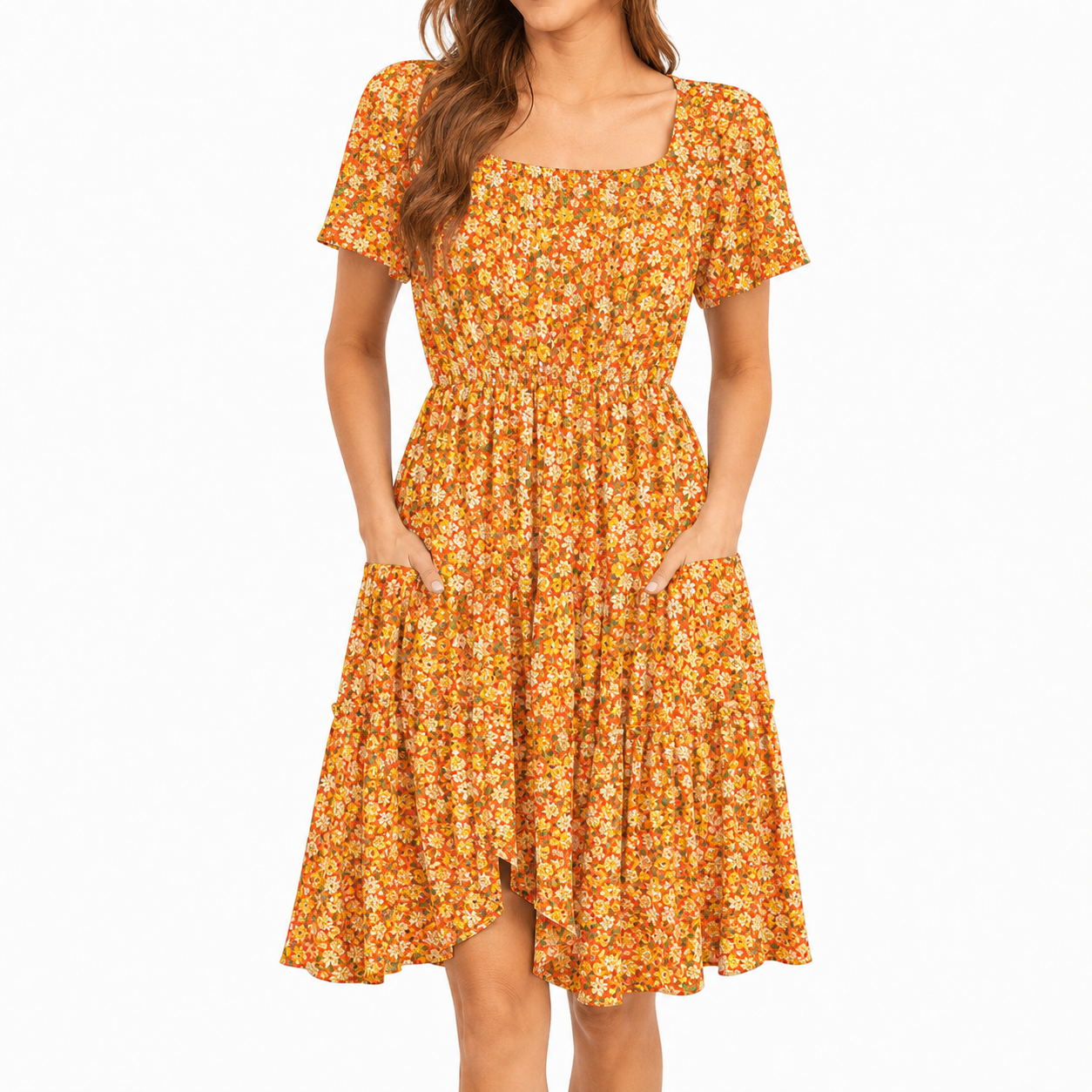 Orange Yellow Floral square neck A-line summer dress front view