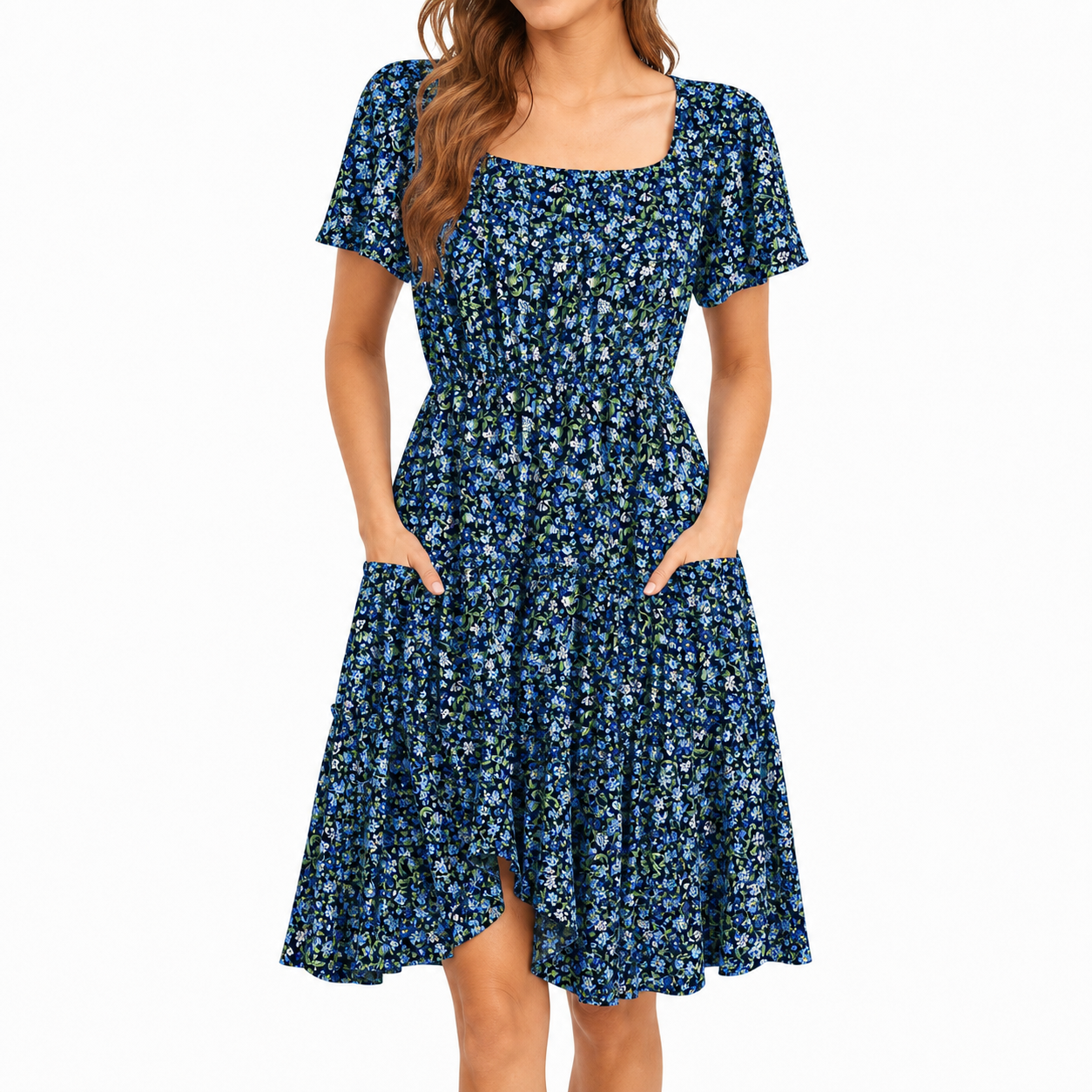 Navy Blue Bloom square neck A-line summer dress front view