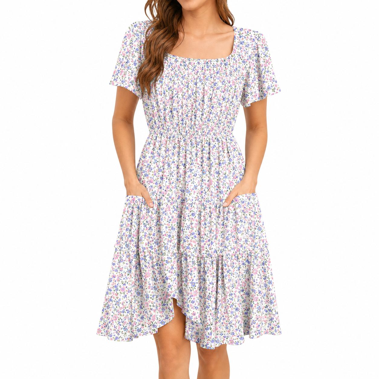 Floral White square neck A-line summer dress front view