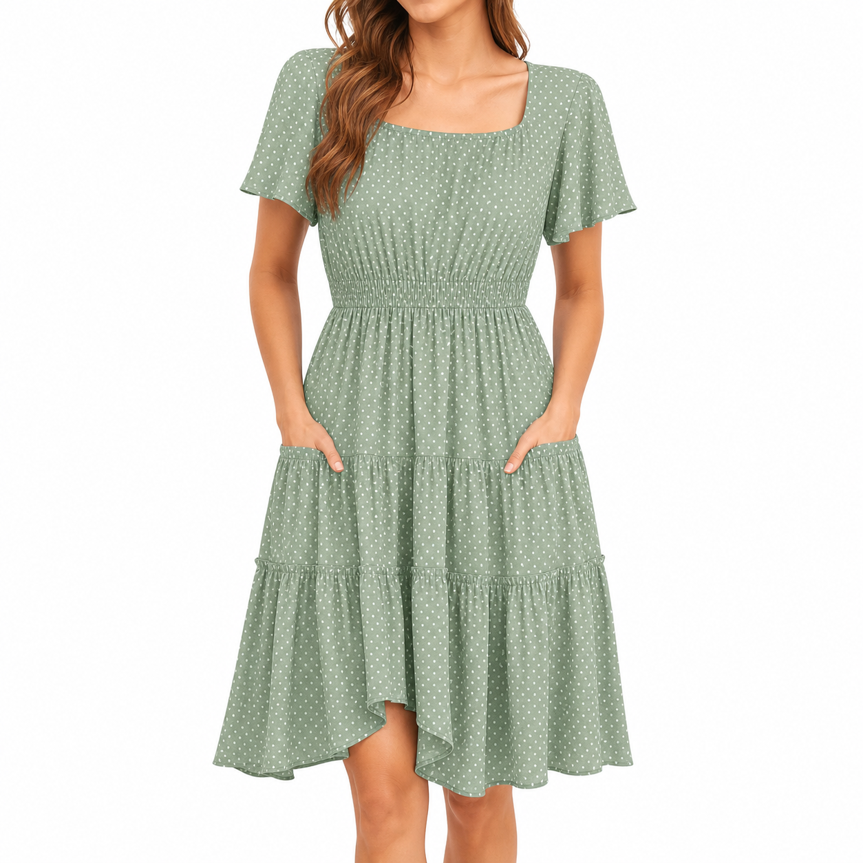 Green Spot square neck A-line summer dress front view
