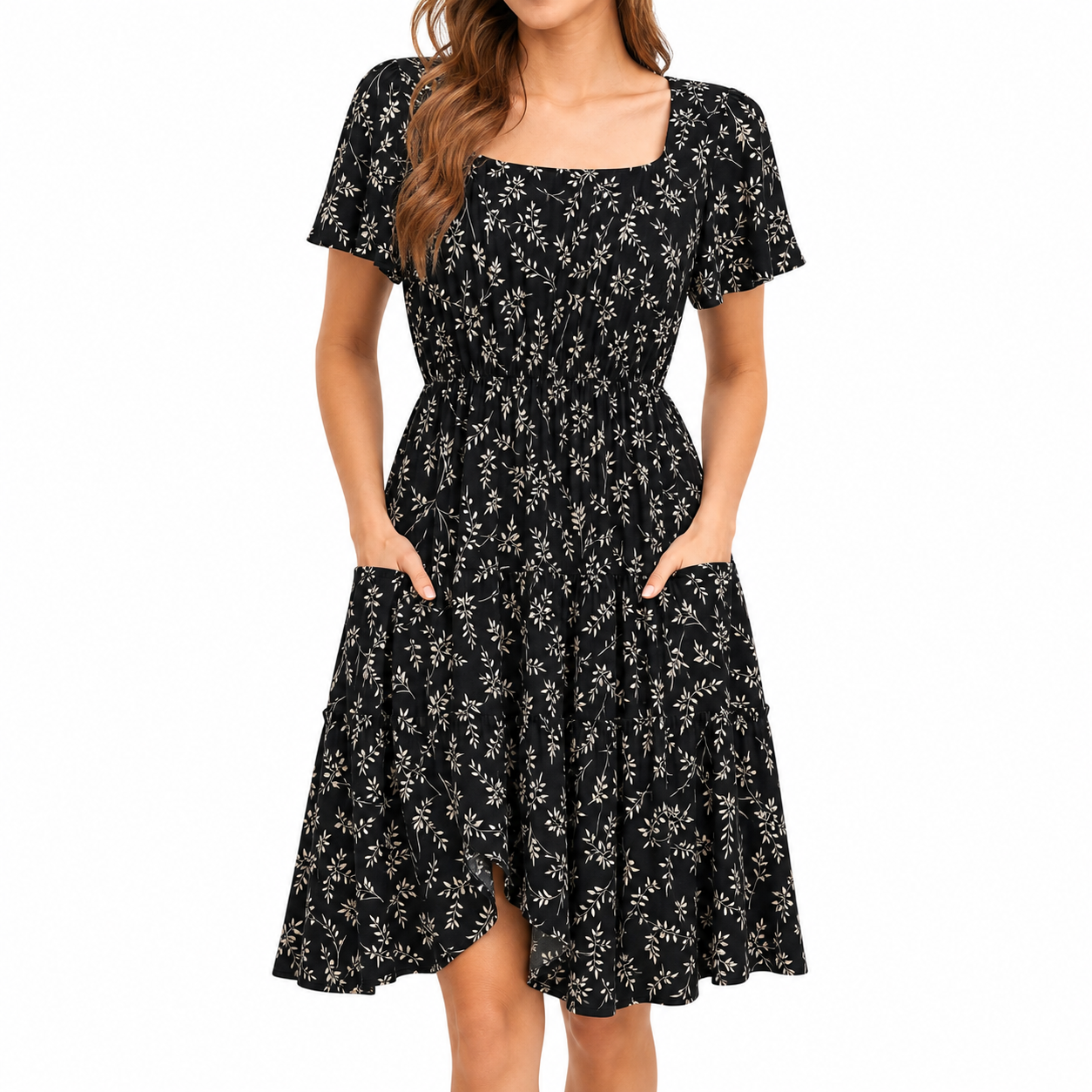 Black Leaf/Black square neck A-line summer dress front view