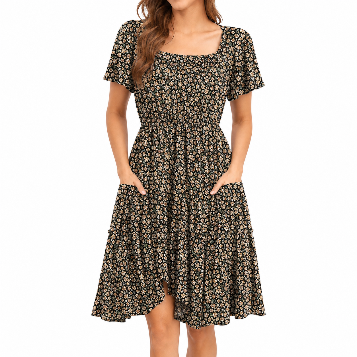 Light Brown Flower/Black square neck A-line summer dress front view