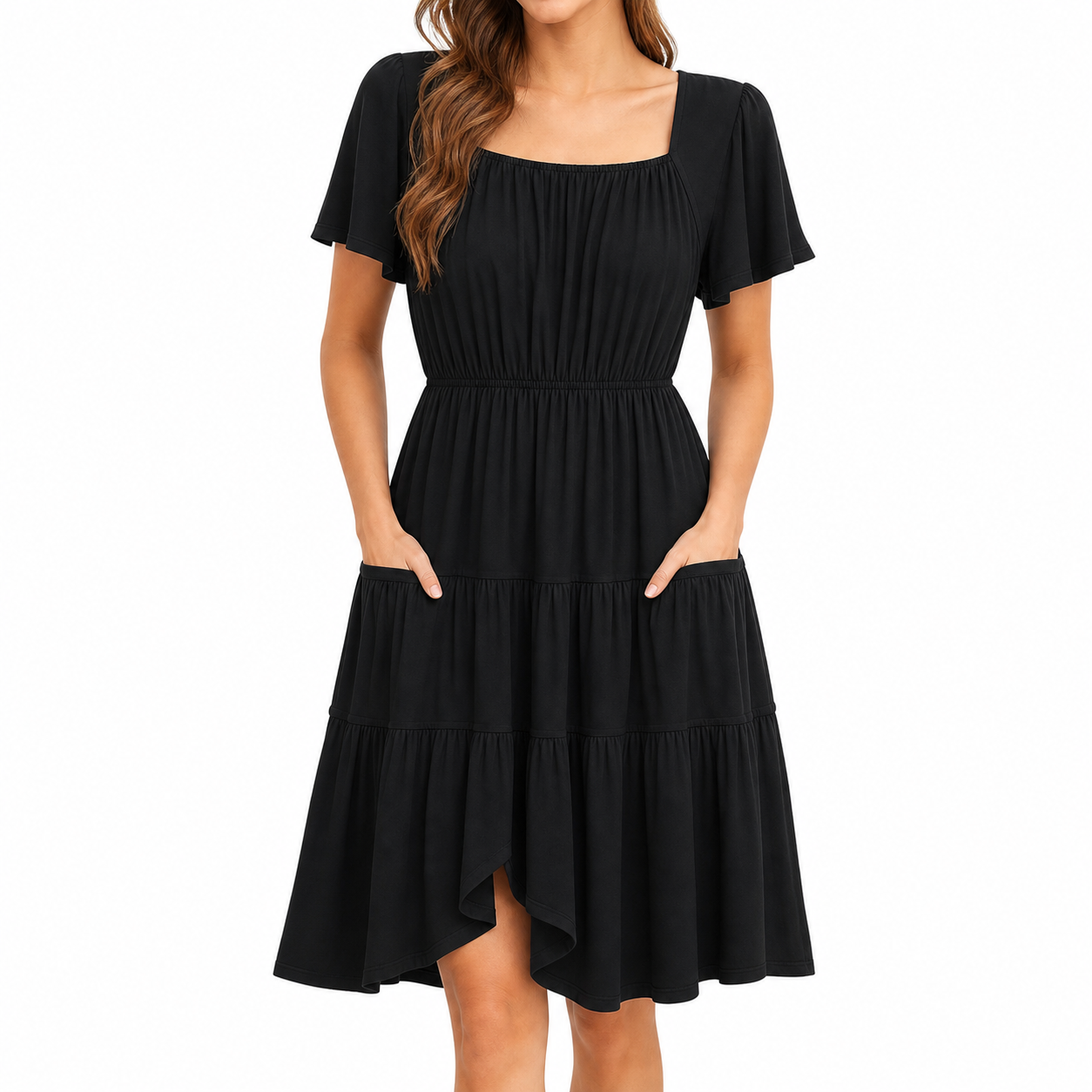 Black square neck A-line summer dress front view
