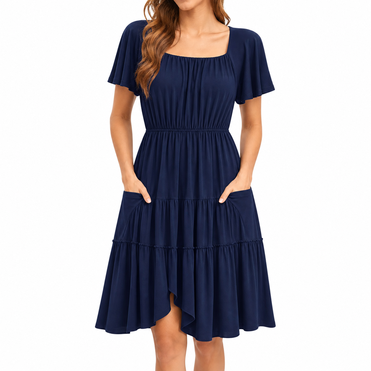 Navy square neck A-line summer dress front view