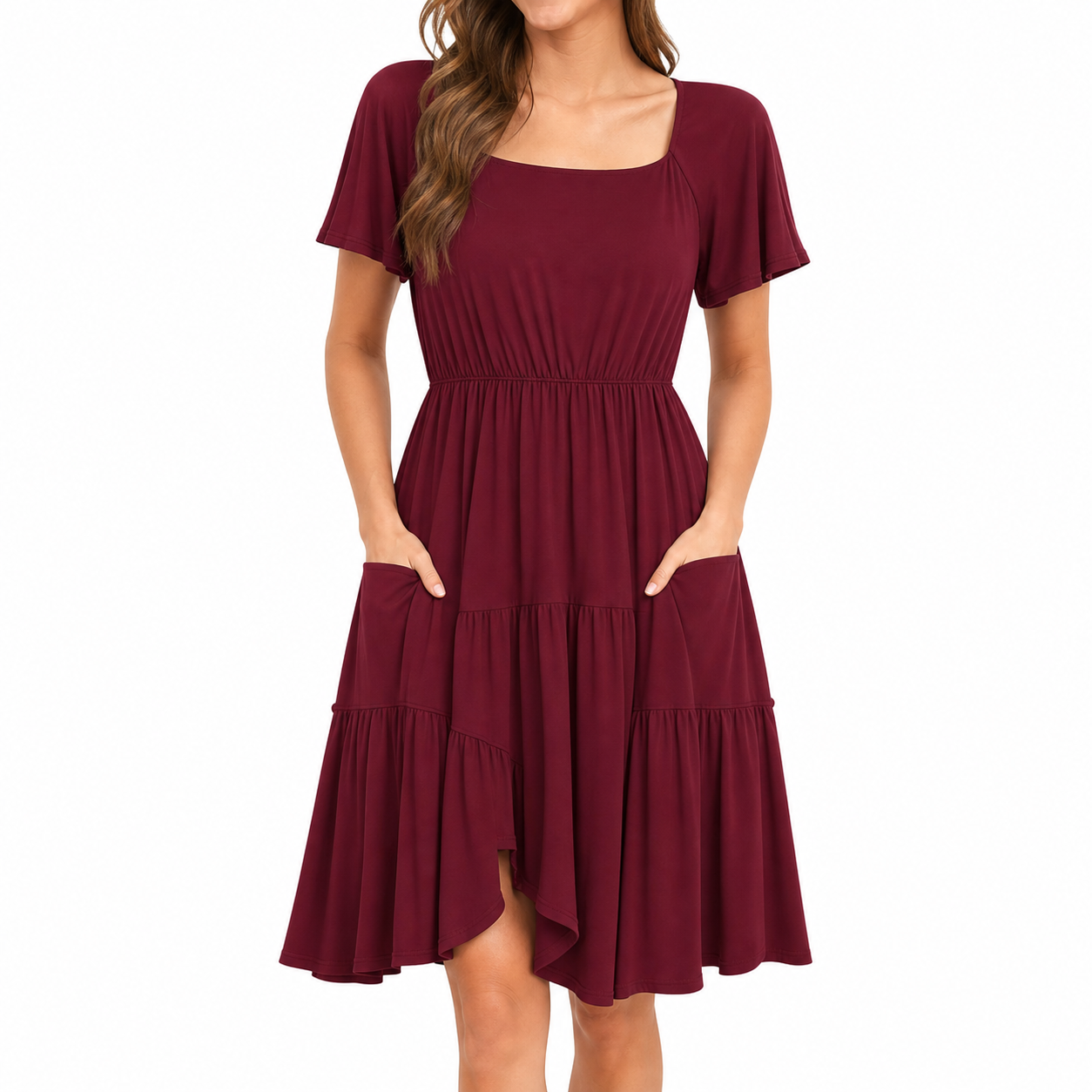 Burgundy square neck A-line summer dress front view
