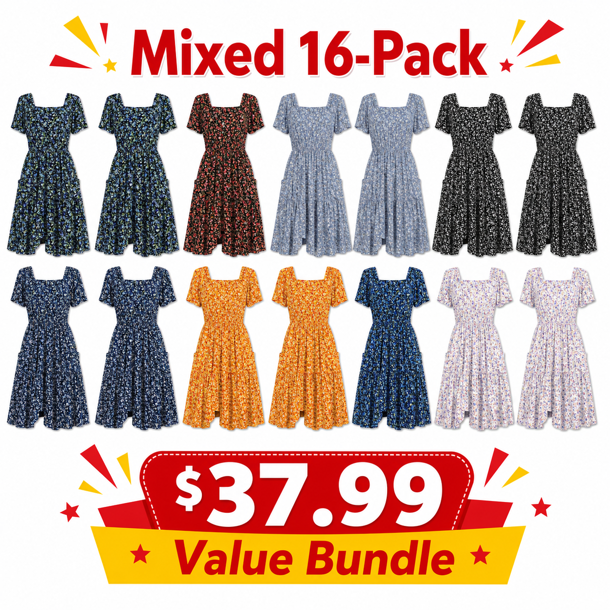 Mixed 16-Pack value bundle image for square neck A-line summer dresses