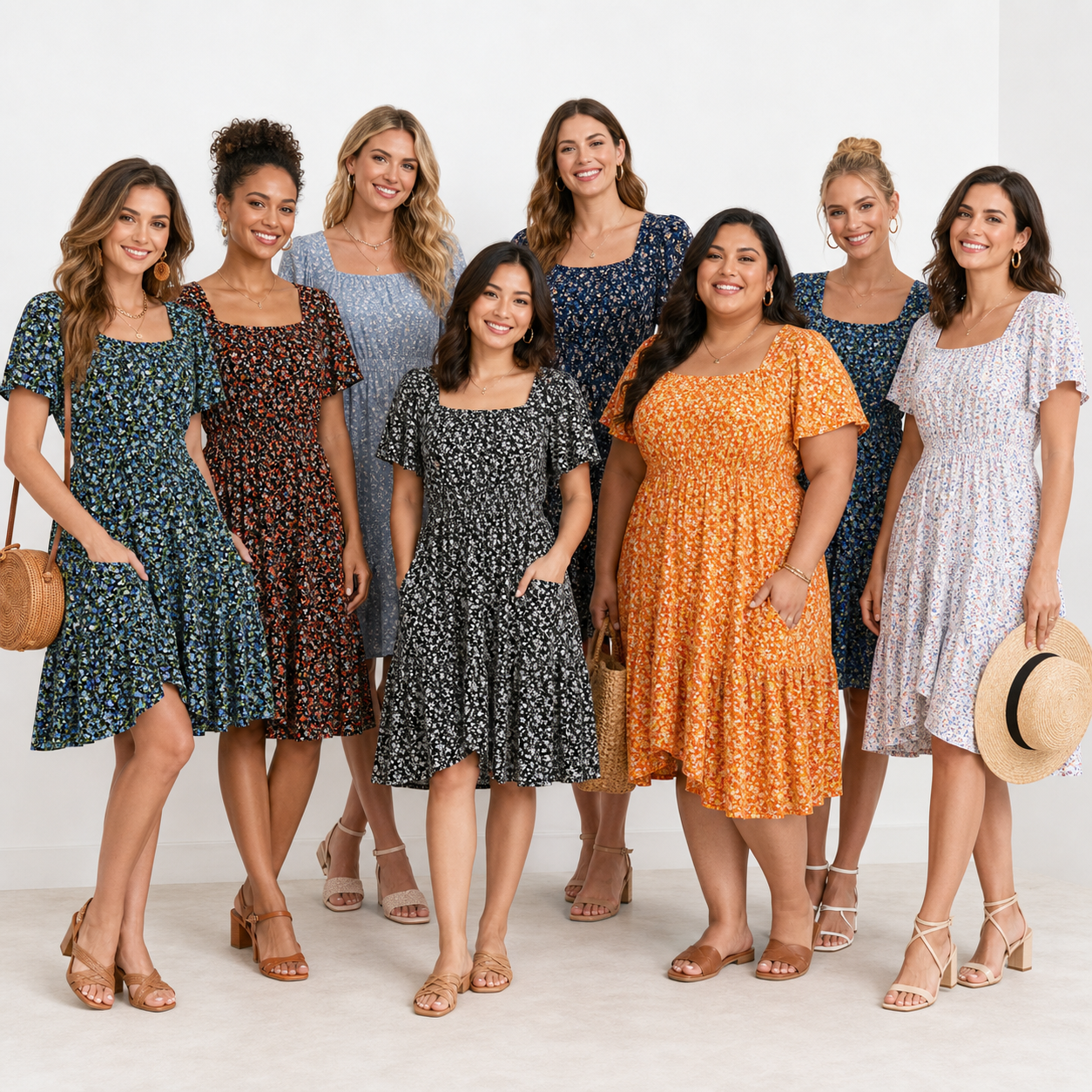 Eight adult models wearing mixed colors of the square neck A-line summer dress