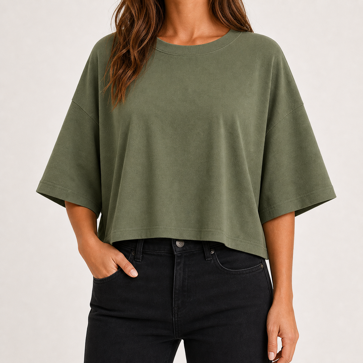 Moss green oversized cropped crew neck tee