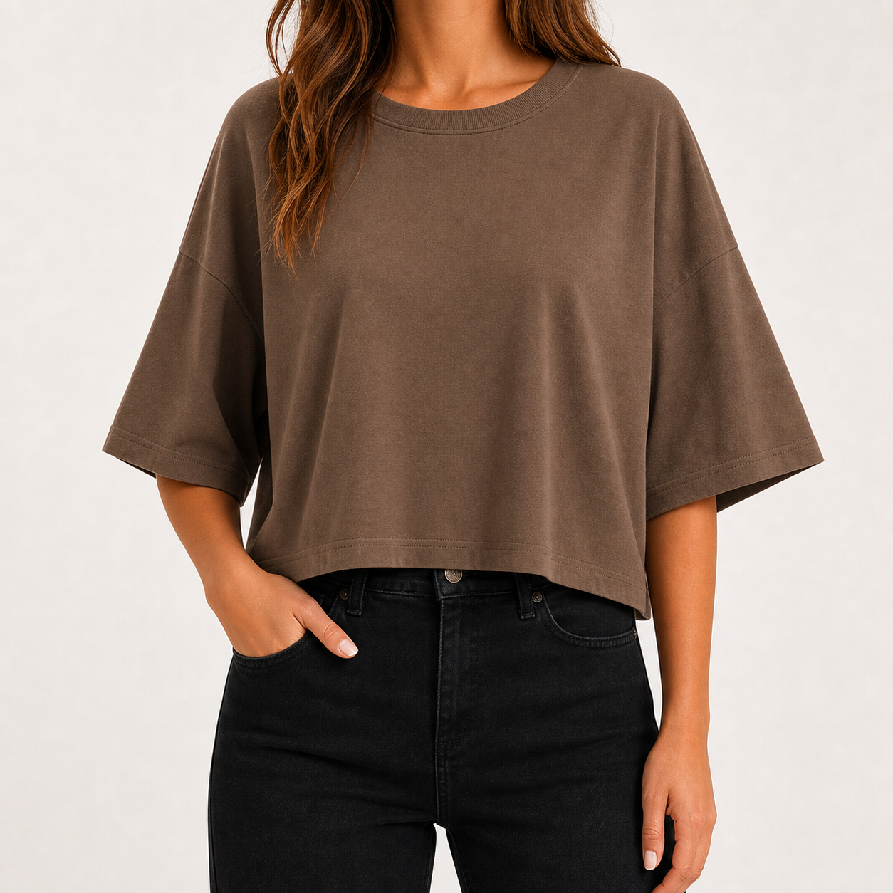 Cocoa brown oversized cropped crew neck tee