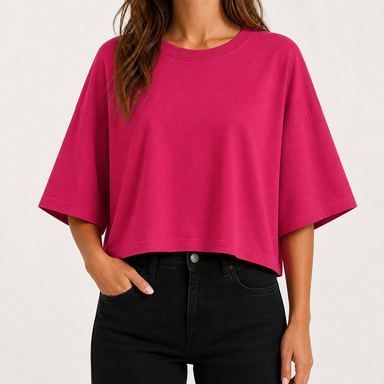 Rose red oversized cropped crew neck tee