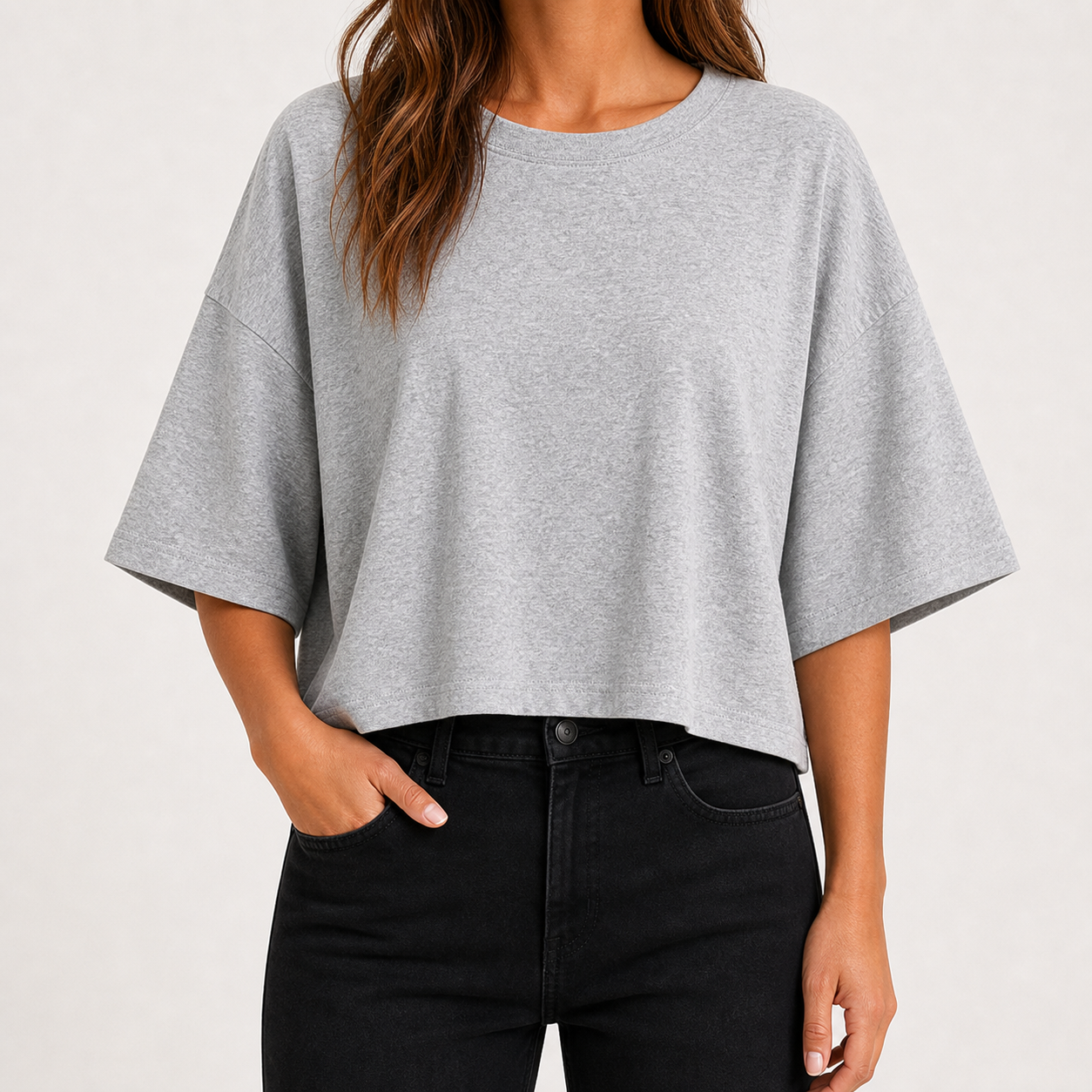 Light heather gray oversized cropped crew neck tee front view