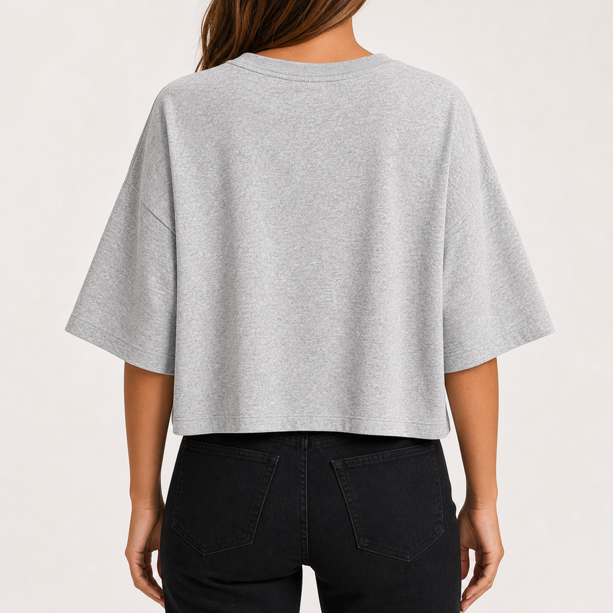 Light heather gray oversized cropped crew neck tee back view