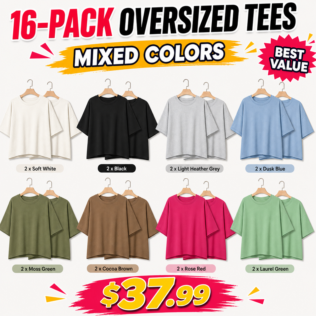 Mixed 16-pack women's boxy oversized cropped tees