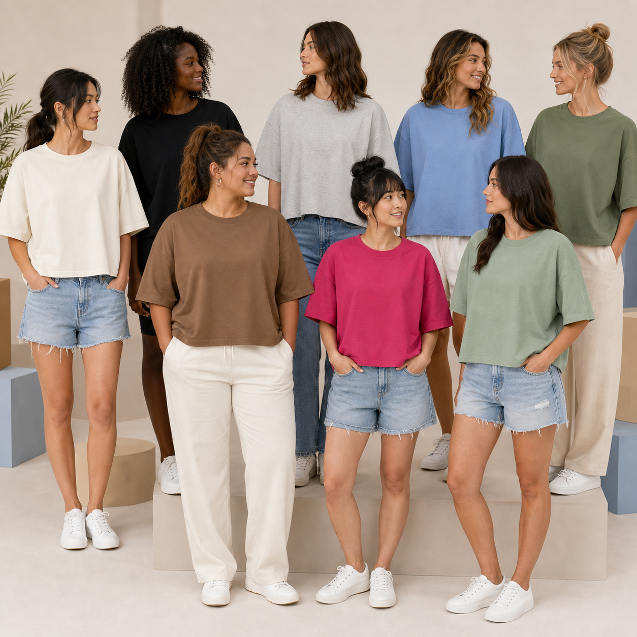 Eight women wearing oversized cropped tees in all bundle colors