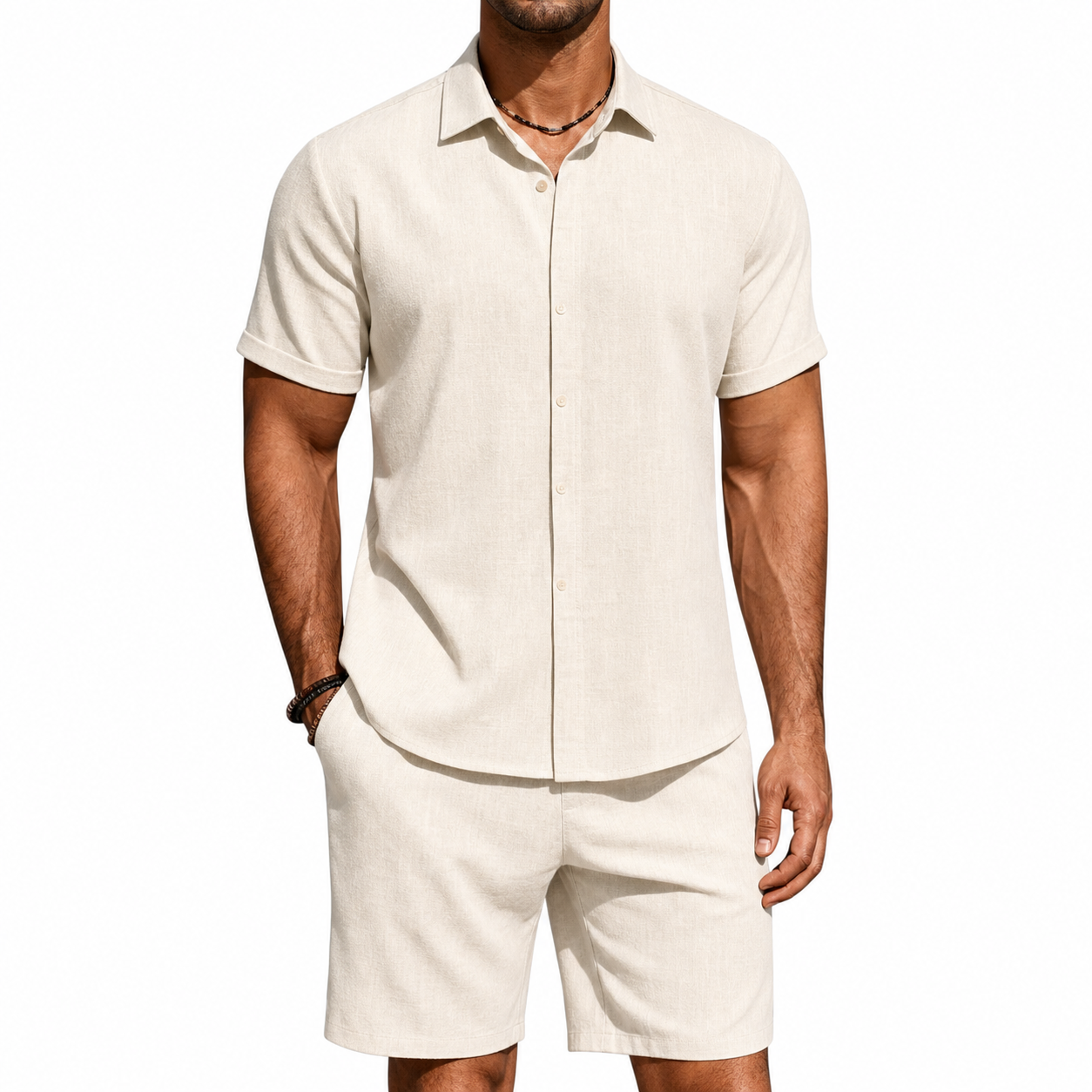 Linen-look fabric and button placket detail
