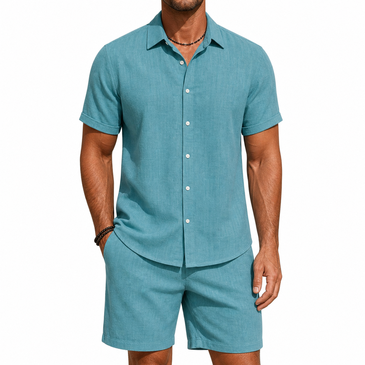 Men wearing linen-look shirt and shorts set in multiple colors