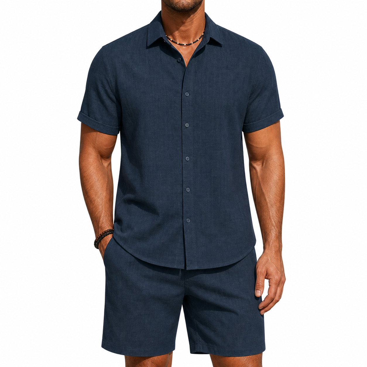 Light sky blue linen-look shirt and shorts set front view