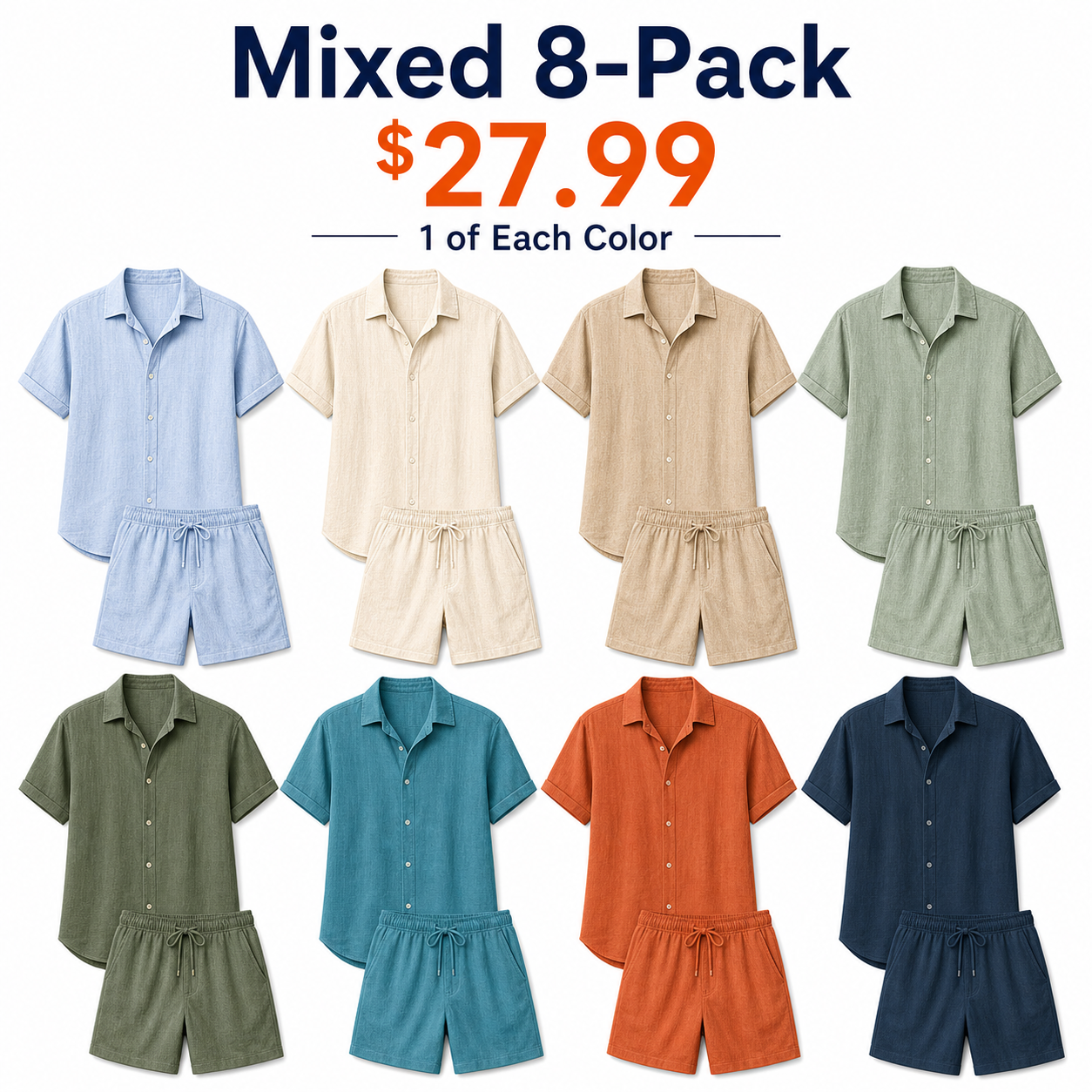 Mixed 8-pack linen-look shirt and shorts set
