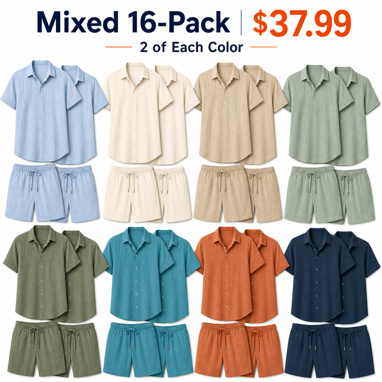 Mixed 16-pack linen-look shirt and shorts set