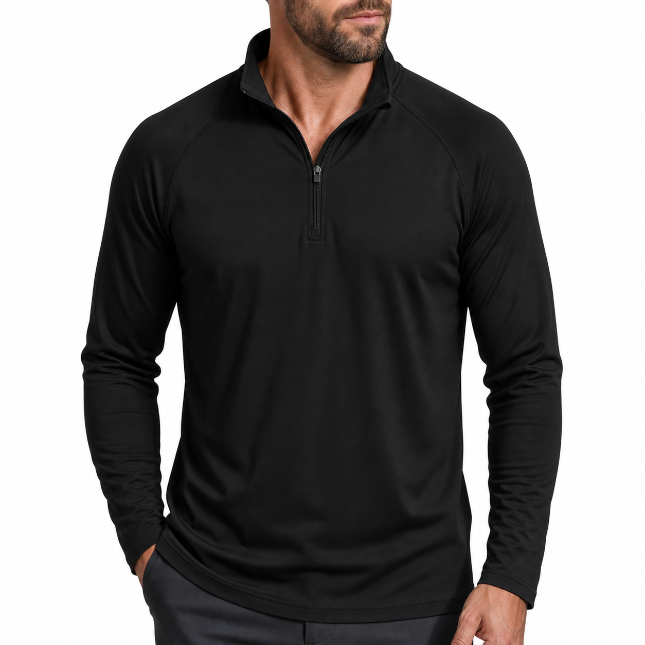 Back view of men's 1/4 zip long sleeve performance shirt