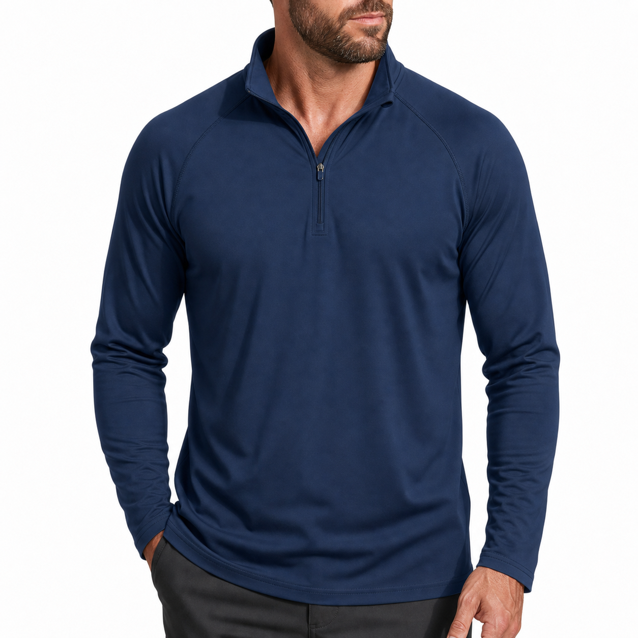 Eight adult models wearing men's 1/4 zip long sleeve performance shirts