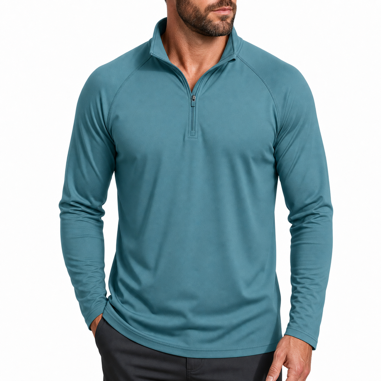 Lightweight knit fabric and hem detail on men's performance shirt
