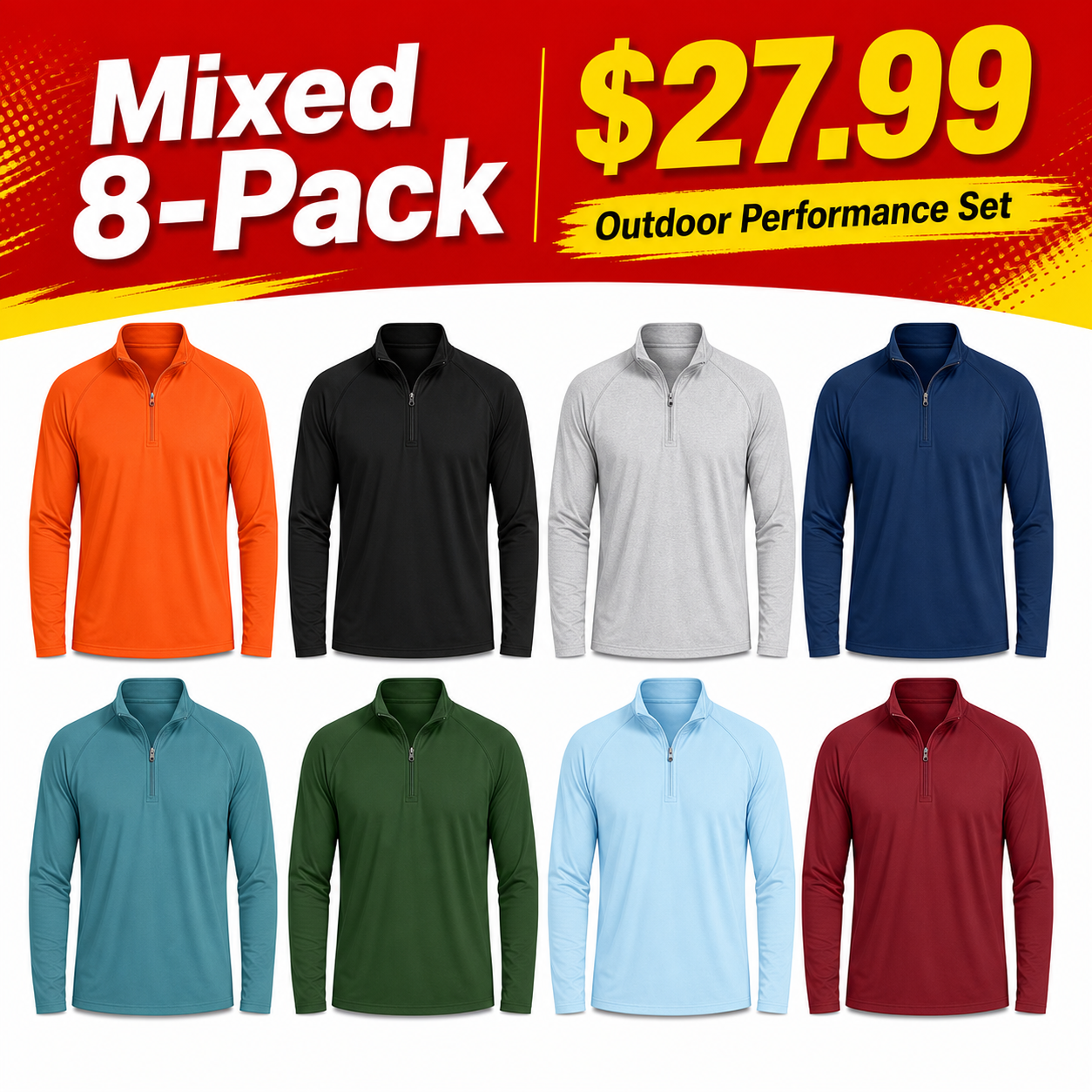Mixed 8-Pack men's 1/4 zip long sleeve performance shirts