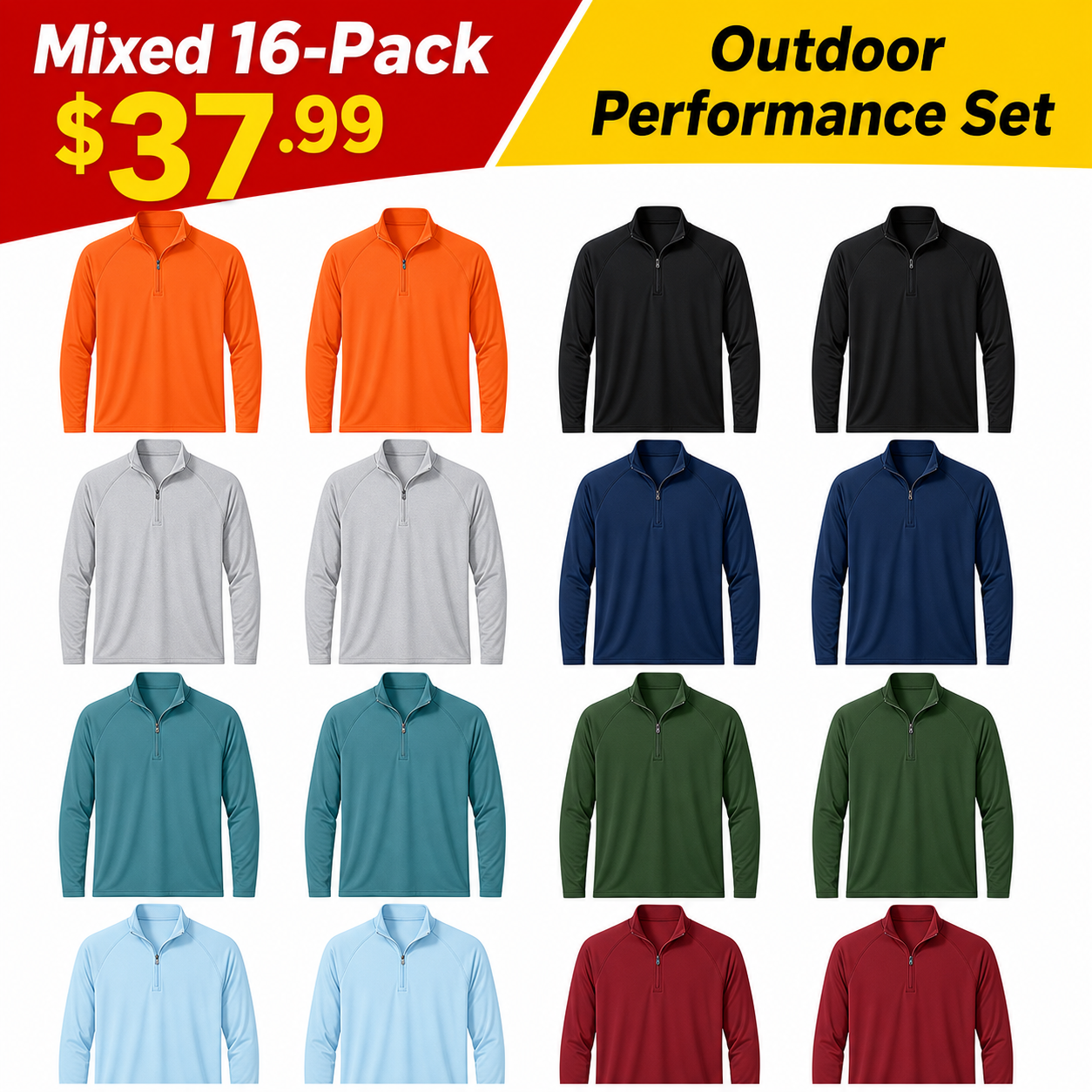 Mixed 16-Pack men's 1/4 zip long sleeve performance shirts