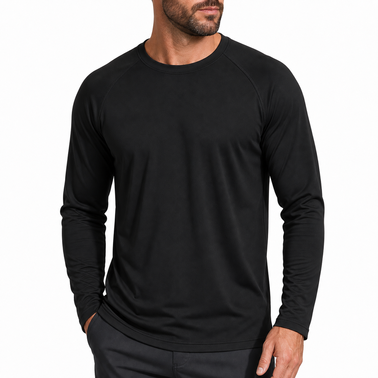 Back view of men's long sleeve crew neck shirt