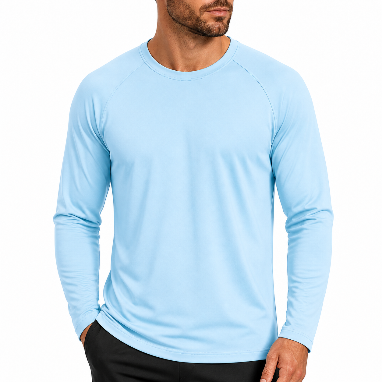 Eight model group photo wearing men's long sleeve crew neck shirts