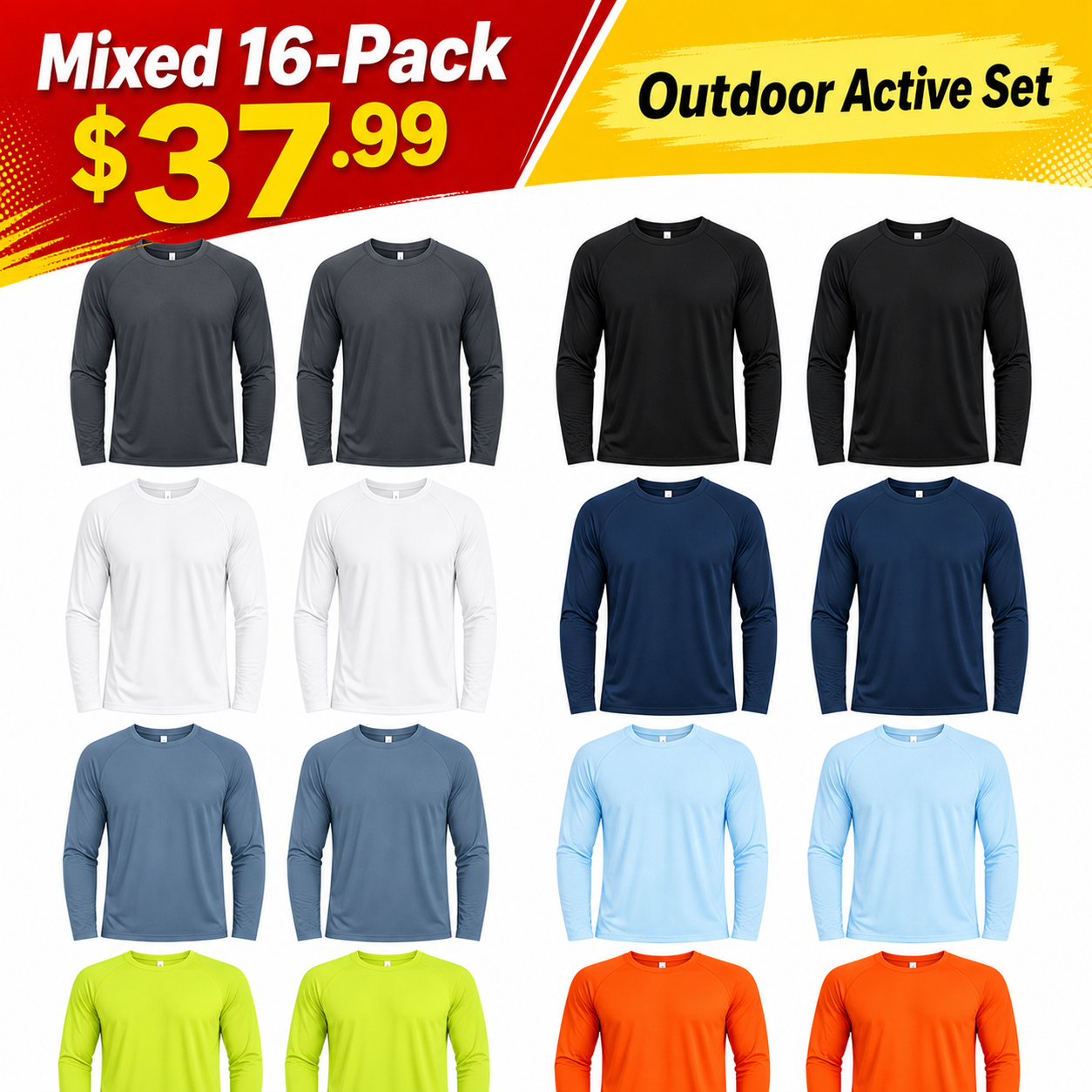 Mixed 16-Pack men's long sleeve crew neck shirts