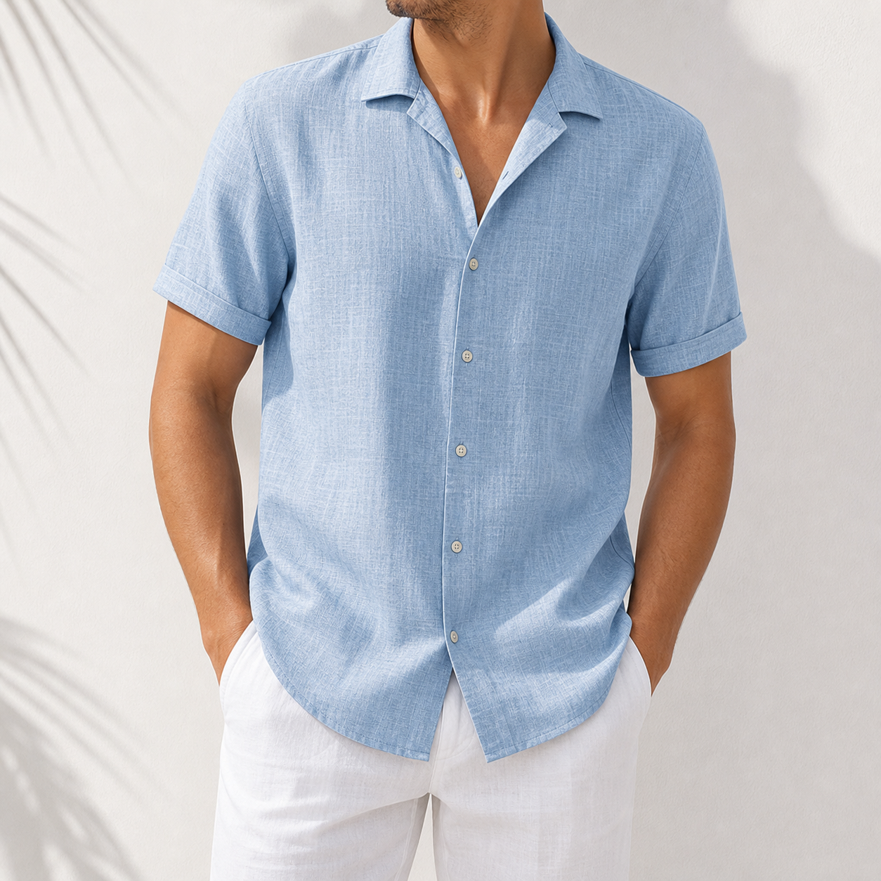 Light denim blue short sleeve linen-look shirt