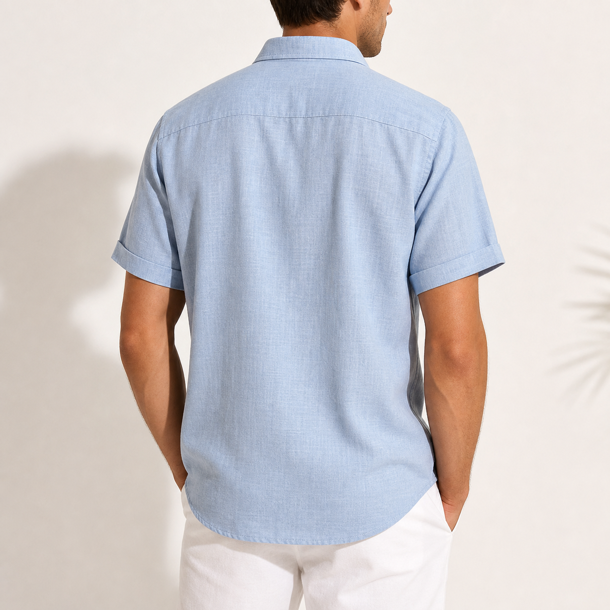 Back view of short sleeve linen-look button-down shirt