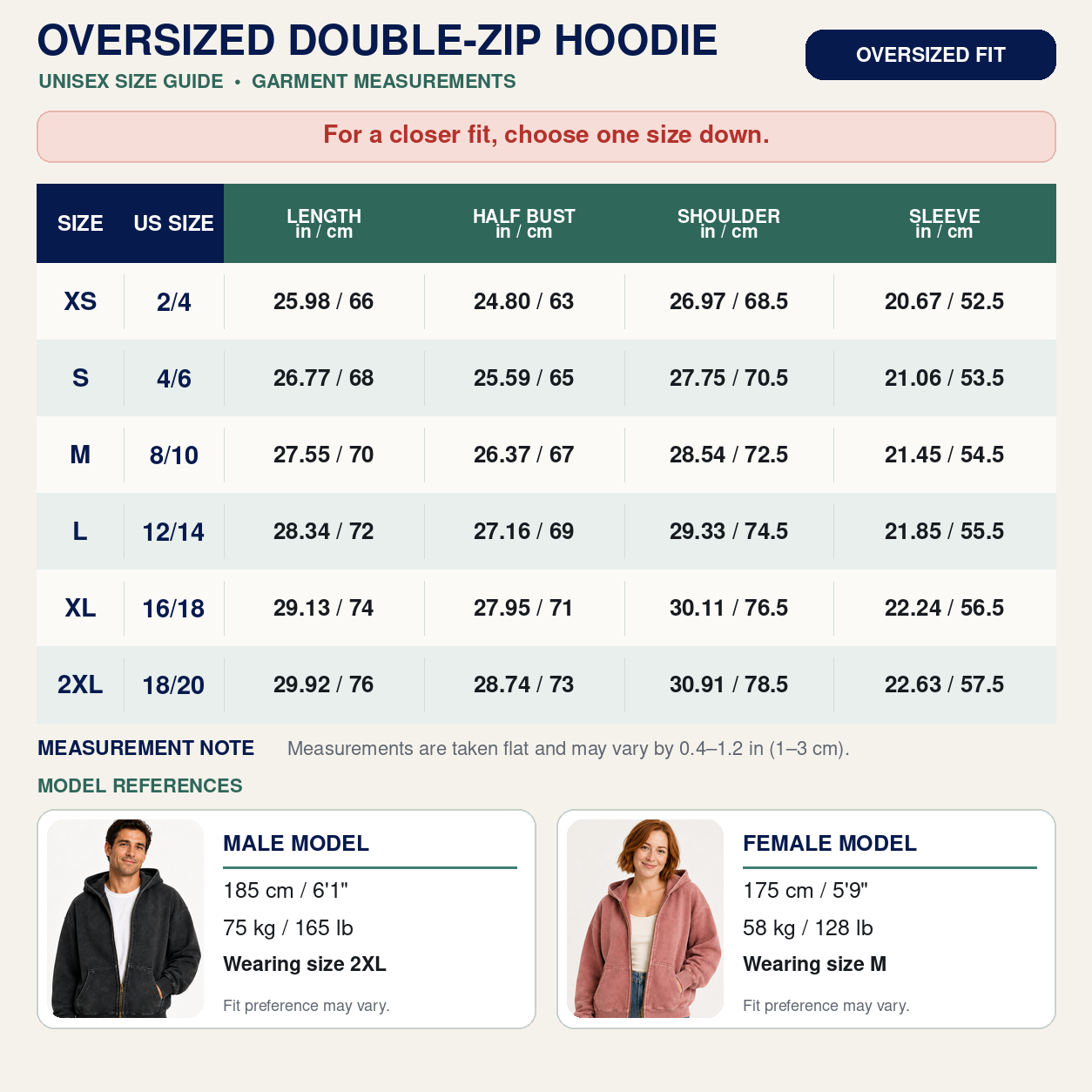 Unisex oversized double-zip hoodie size guide XS to 2XL