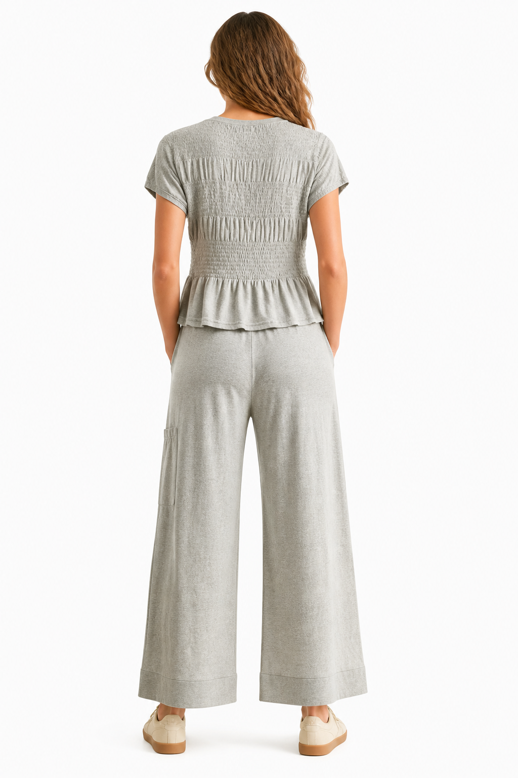 Back view of 2-piece smocked lounge set