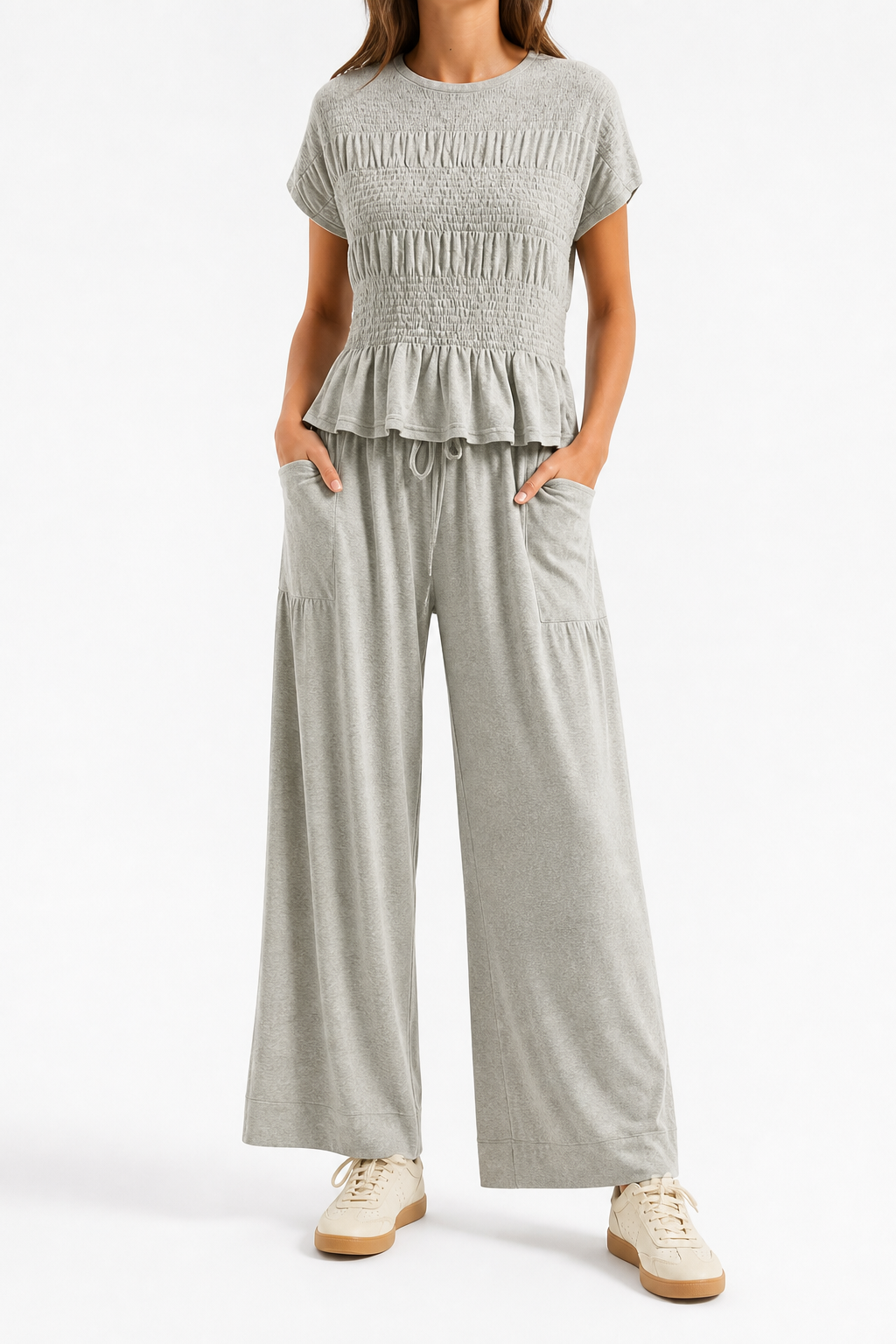 Front view of light heather gray 2-piece smocked lounge set