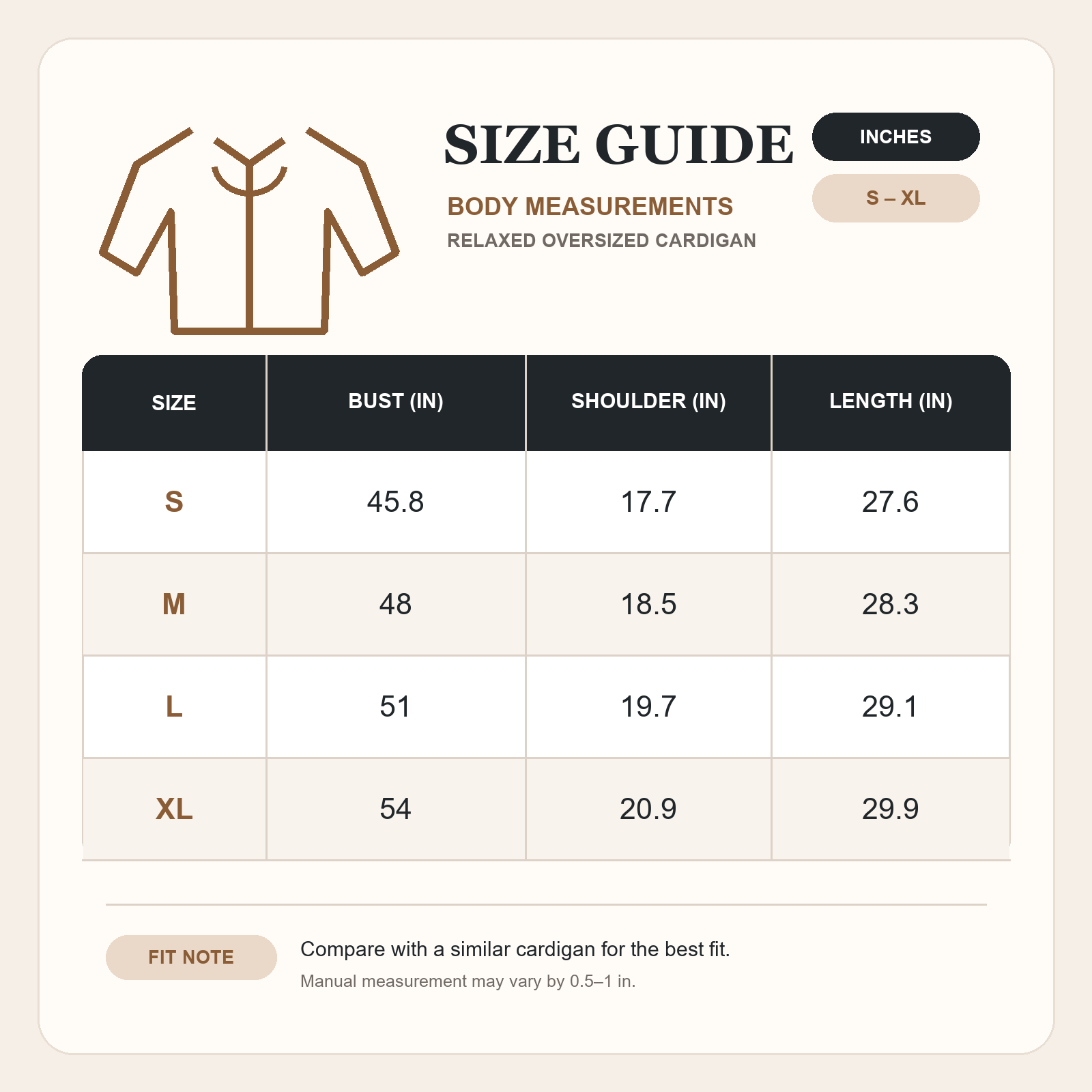 Women's oversized cardigan size guide