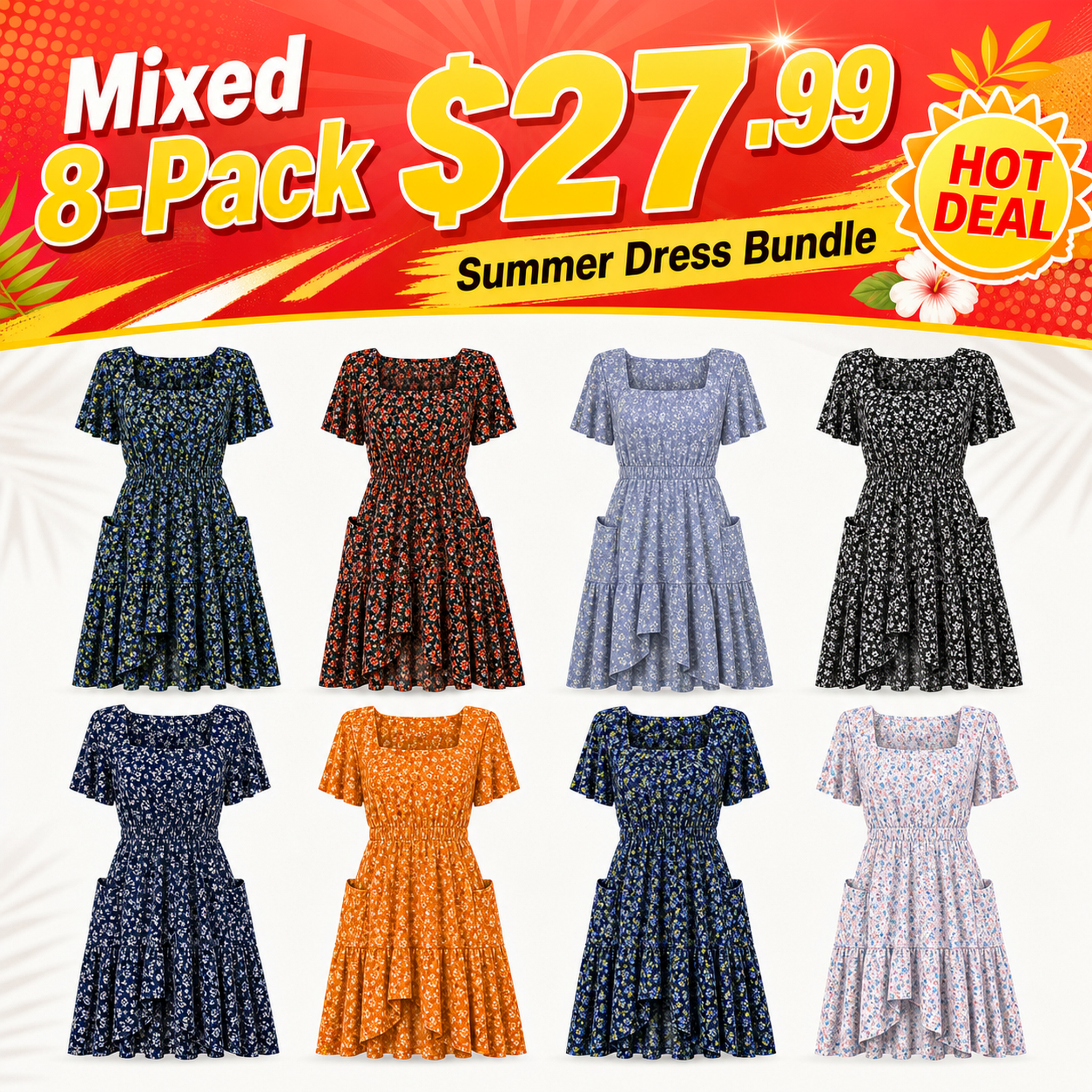 Women's Square Neck A-Line Ruffle Dress Bundle Packs