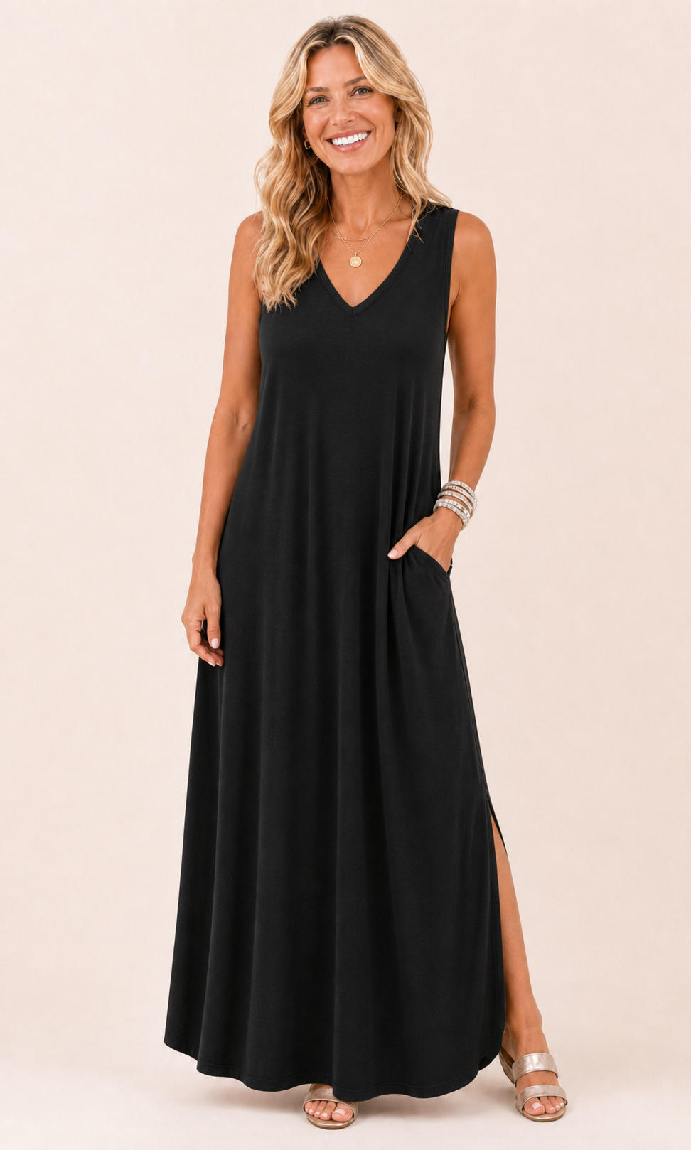 Black V-neck maxi dress front