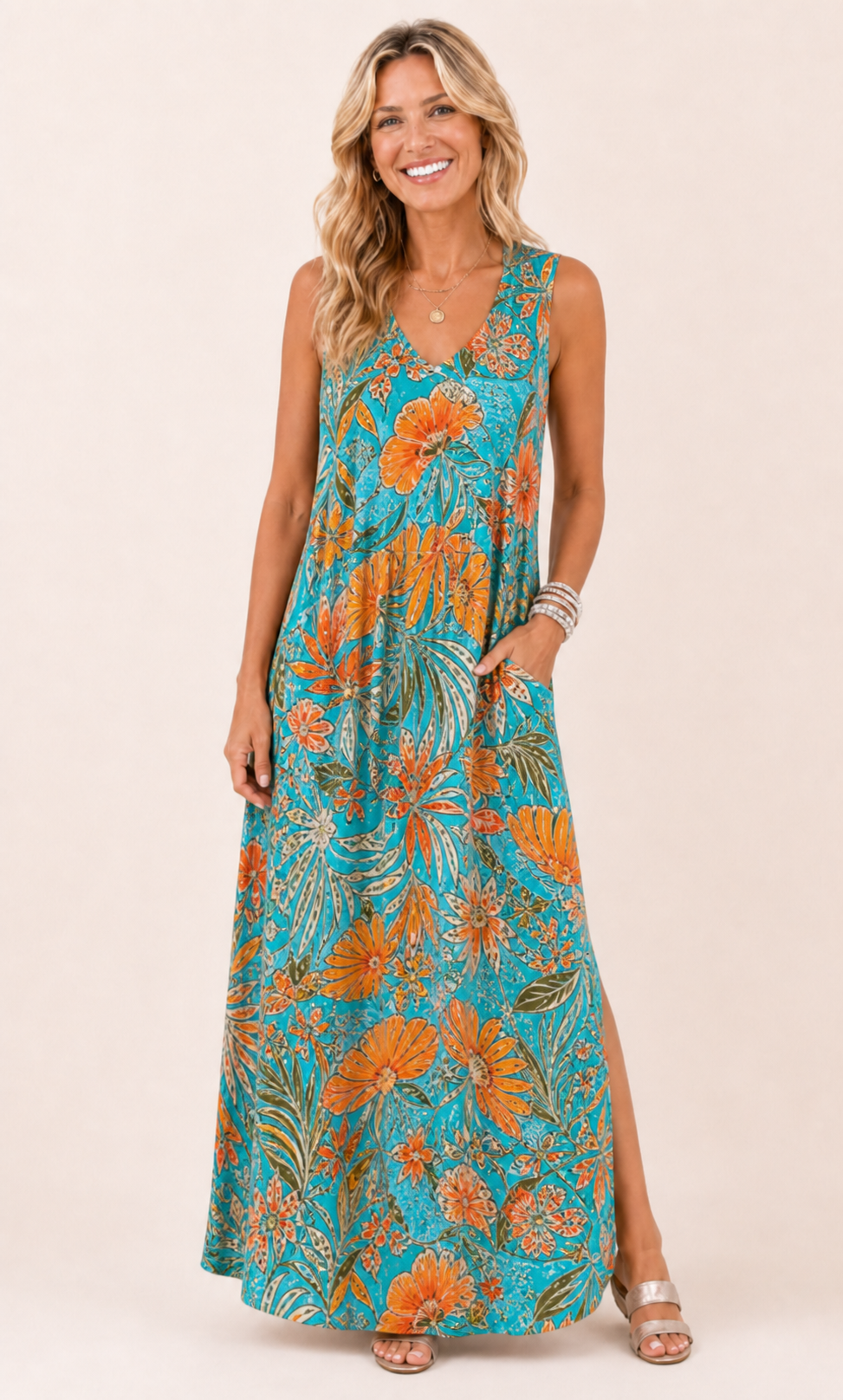 Floral Blue V-neck maxi dress front