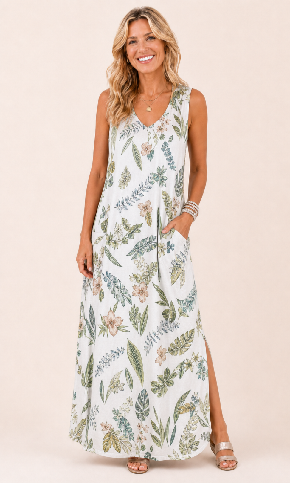 Floral Green V-neck maxi dress front