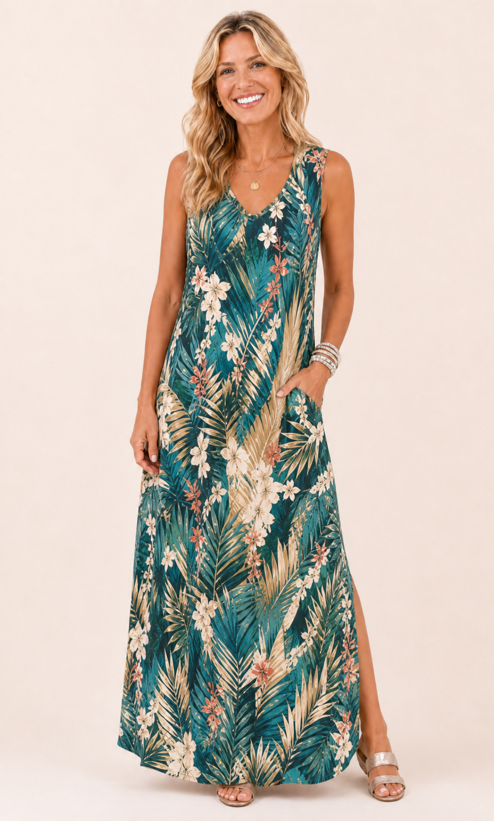 Floral Palm V-neck maxi dress front