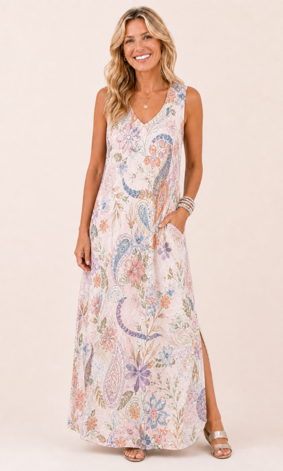 Floral Pink V-neck maxi dress front