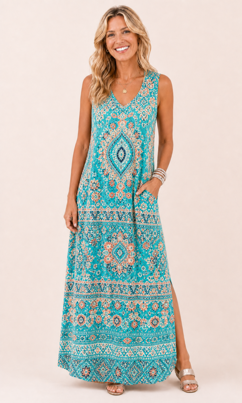 Floral Turquoise V-neck maxi dress front