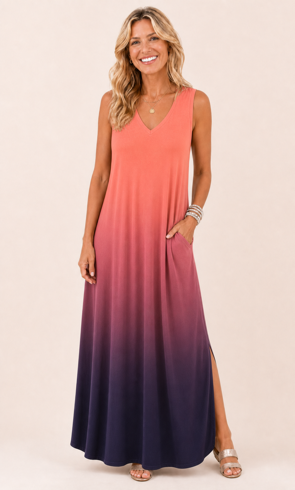 Graded Pink V-neck maxi dress front