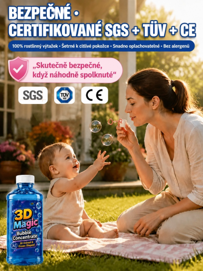 Kouzelný, bezpečný roztok na bubliny, fouká obří, barevné bubliny, je bezpečný a bez zápachu